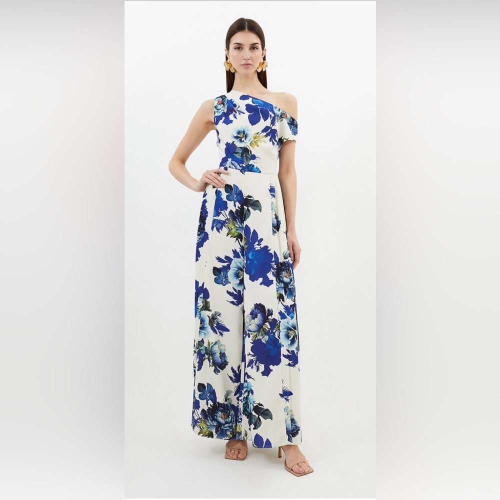 NWT Karen Millen Tailored Crêpe Blue and Cream Floral Jumpsuit, Drop Shoulder